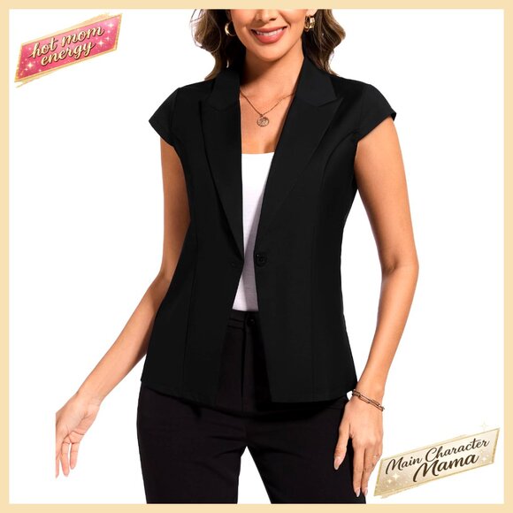 Cap Sleeve Blazer Lightweight Button Front Notch Lapel Work Office Chic